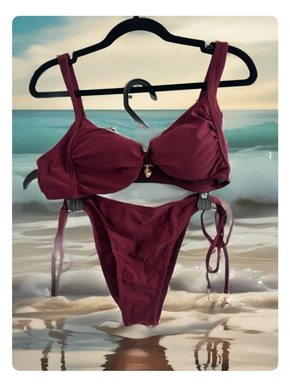 Women’s Burgundy Underwire 3-PC Bikini set Matching Skirt Seashell embellishment
